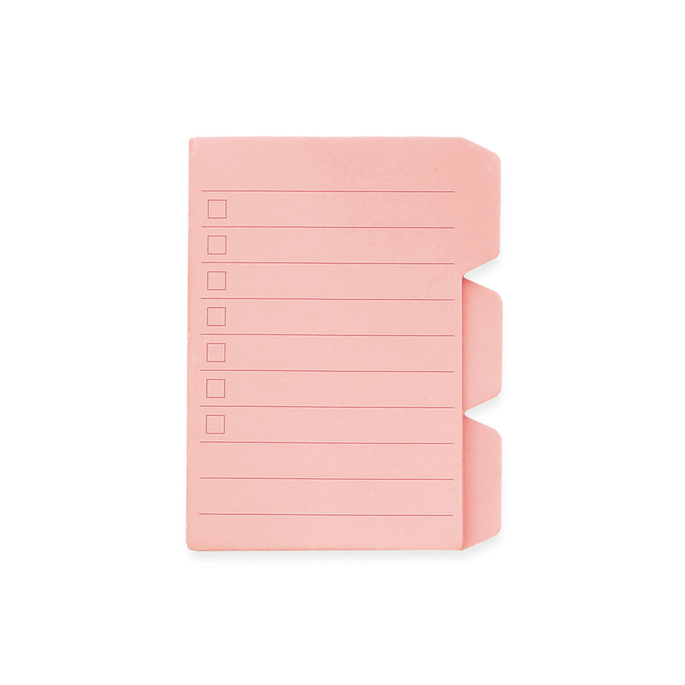 A stack of light pink sticky notes with lined slots and check boxes on the left side, shown on a plain white background.