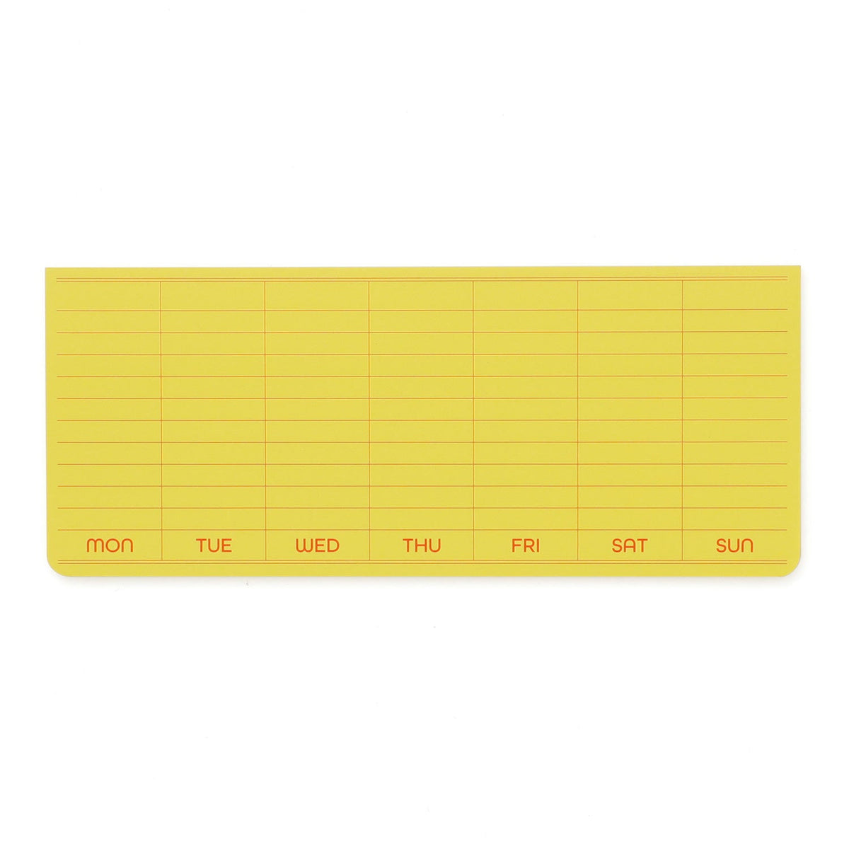 Yellow weekly planner sticky pad with days of the week labels on a white background