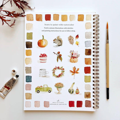 Watercolor painting guide with autumn illustrations of pumpkin, squirrel, leaves, apples, acorns, floral arrangement, mug, wreath, truck, mums, and gourds