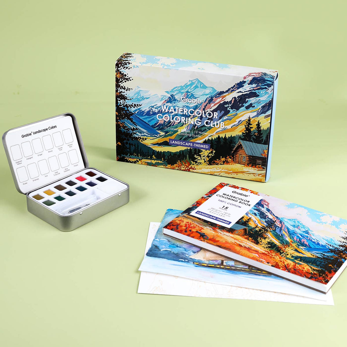 Retail packaging and contents of the Landscape themed Watercolor Club Box