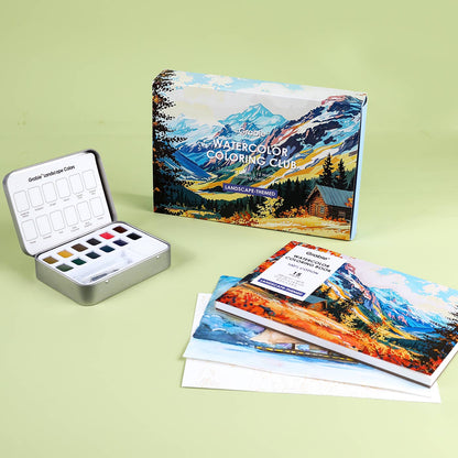 Retail packaging and contents of the Landscape themed Watercolor Club Box