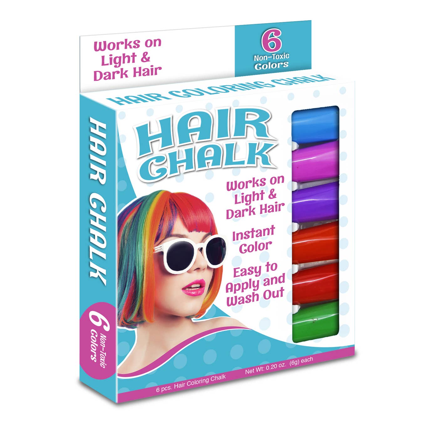 Box of Hair Chalk showing the six colors of blue, pink, purple, orange, red, and green used on the hair of a white woman wearing white sunglasses