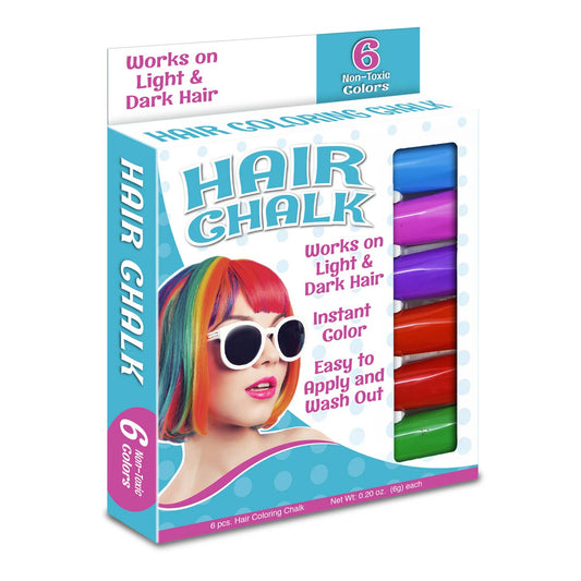 Box of Hair Chalk showing the six colors of blue, pink, purple, orange, red, and green used on the hair of a white woman wearing white sunglasses