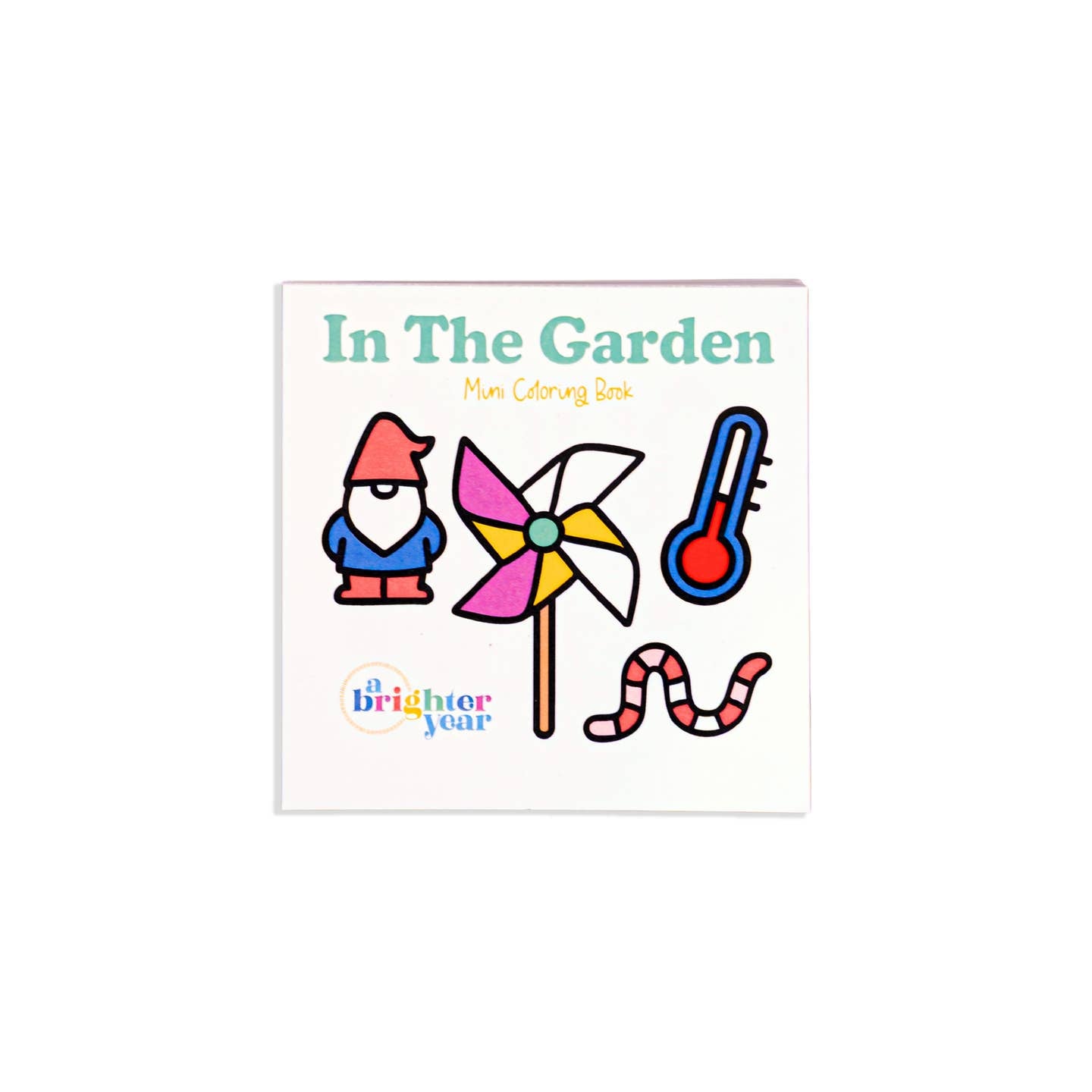 Cover of "In the Garden" mini coloring book with colored drawings of a garden gnome, pinwheel, thermometer, and worm