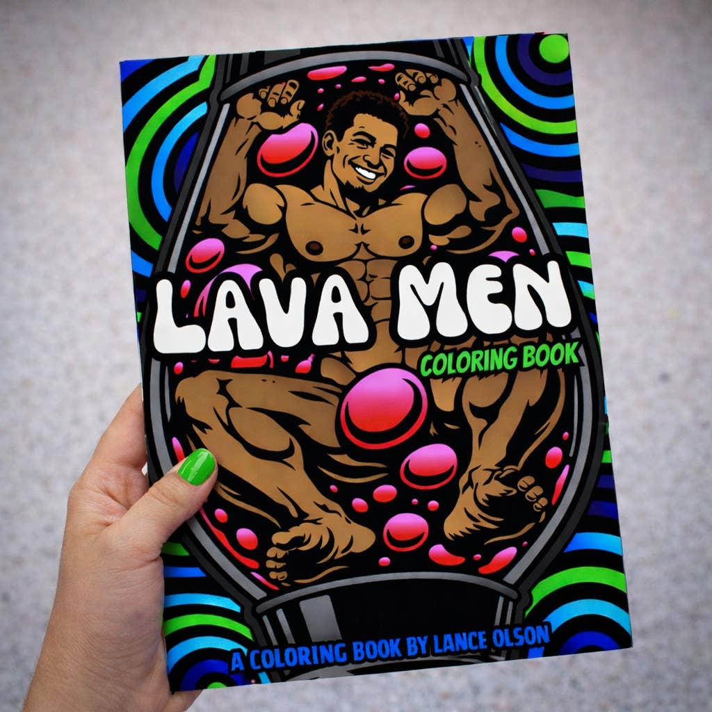 Cover of Lava Men coloring book featuring  a highly muscled, mostly naked man inside of a lava lamp, with a strategically place lava bubble