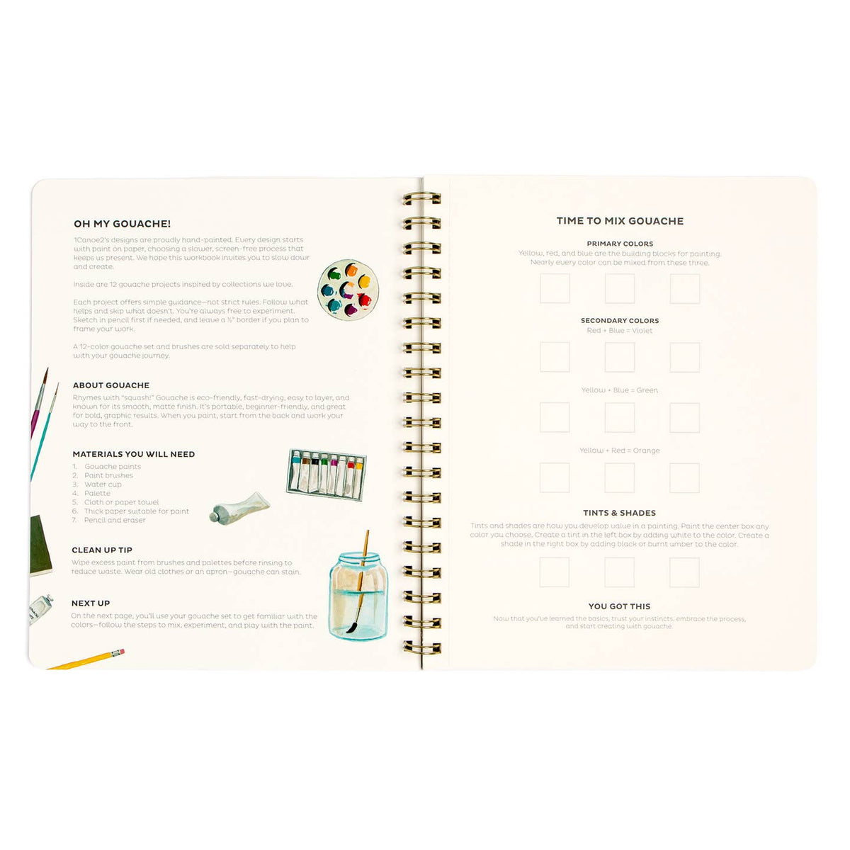 An open spiral-bound notebook showing printed instructions and notes about using gouache paint. The left page includes text, a paint palette illustration, and small art supplies, while the right page has sections for primary and secondary colors and paint tubes.