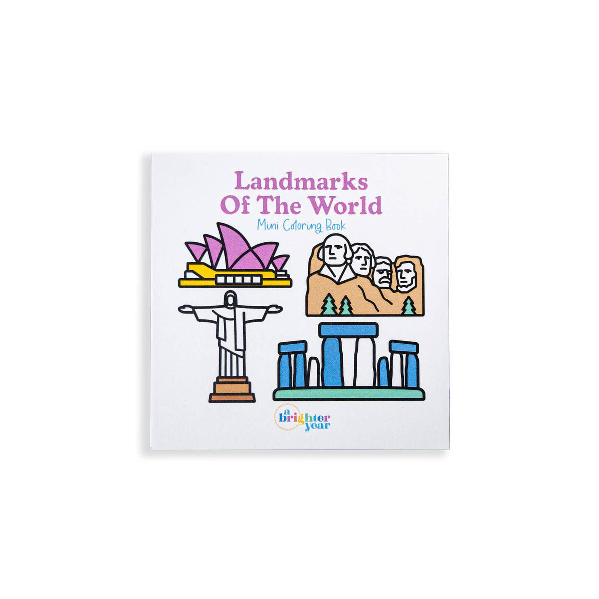 Cover of the Landmarks of the World mini coloring book featuring Mt Rushmore, stonehenge, the Cardiff opera house, etc