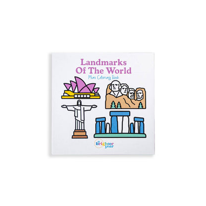 Cover of the Landmarks of the World mini coloring book featuring Mt Rushmore, stonehenge, the Cardiff opera house, etc
