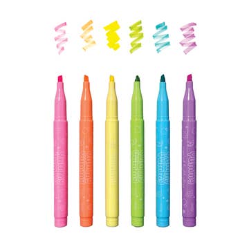 6 colorful Ooly fruit scented highlighters shown upcapped with swatch marks for each of the pastel colors: pink, orange, yellow, green, blue, and purple