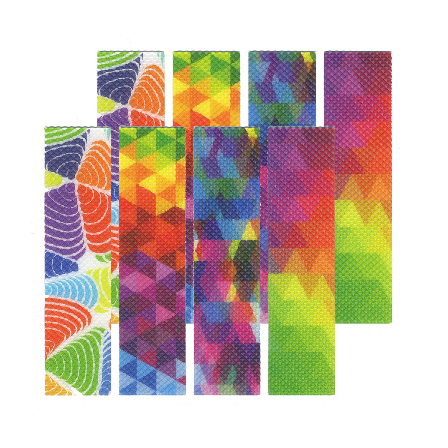 Four designs featuring graphic geometrical patterns in bright rainbow colors