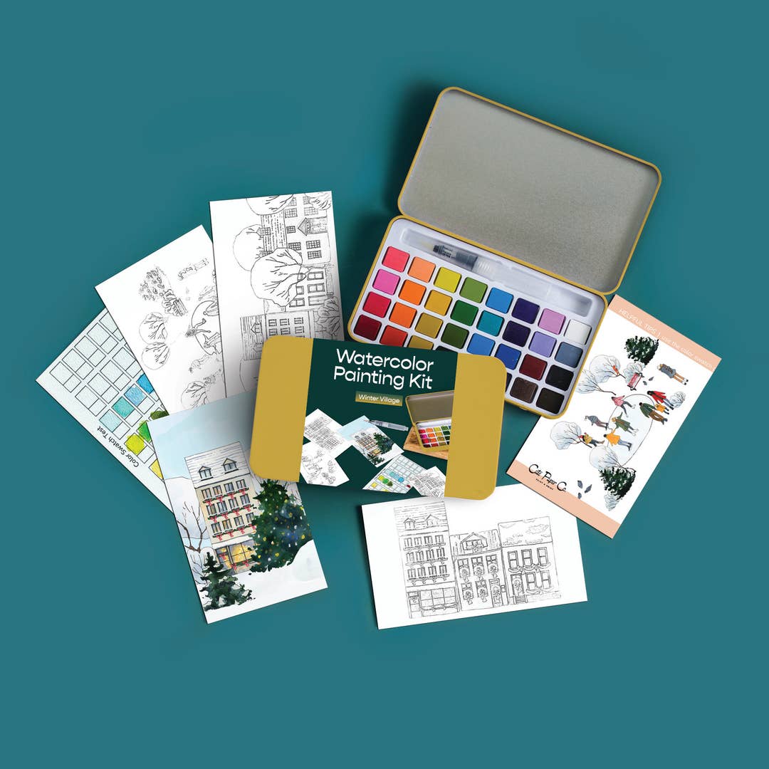Winter Village watercolor painting kit with color swatches and drawing sheets on a teal background