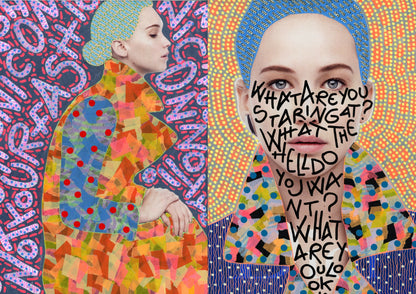 Interior page spread of two different collages with photographs of two white women's faces with patterns made from torn paper and paint pen marks