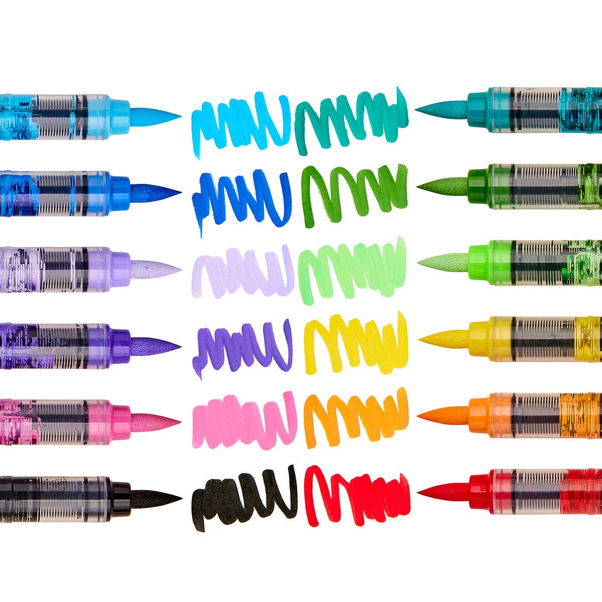 Set of 12 Classic Colors Kingart Acrylic Paint Brush Pens with sample lines on a white background