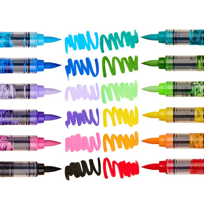Set of 12 Classic Colors Kingart Acrylic Paint Brush Pens with sample lines on a white background