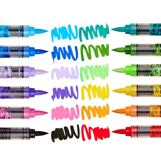 Set of 12 Classic Colors Kingart Acrylic Paint Brush Pens with sample lines on a white background