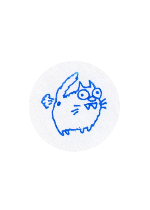 A circular stamp image featuring a simple blue line drawing of a cartoon cat showing its butt with a cartoon fart centered on a plain white background.