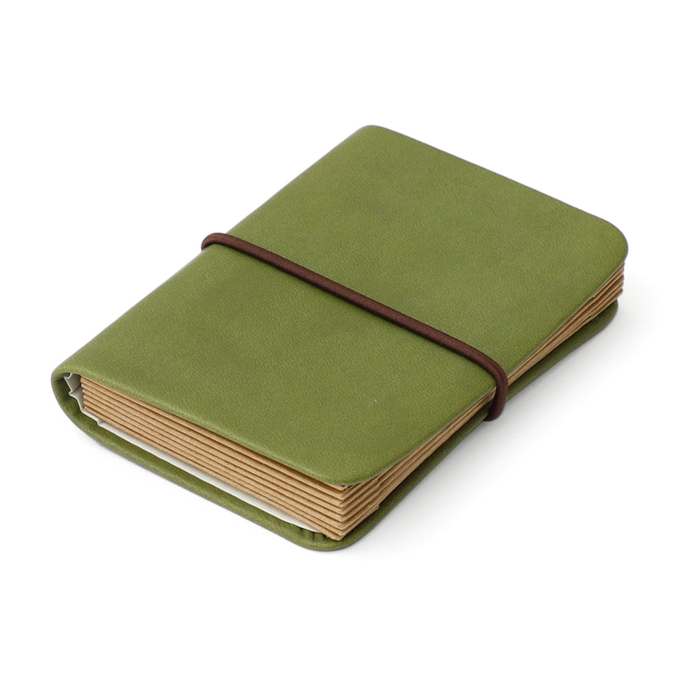 Hightide card sized accordion file in Khaki Italian PU "leather" with kraft accordion interior, khaki exterior, with brown elastic closure on a white background