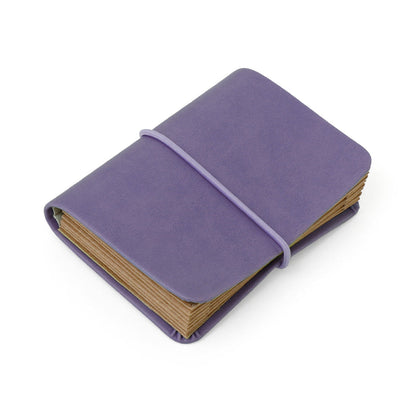 Hightide card sized accordion file in Lavender Italian PU "leather" with kraft accordion interior, lavender exterior, with light lavender elastic closure on a white background