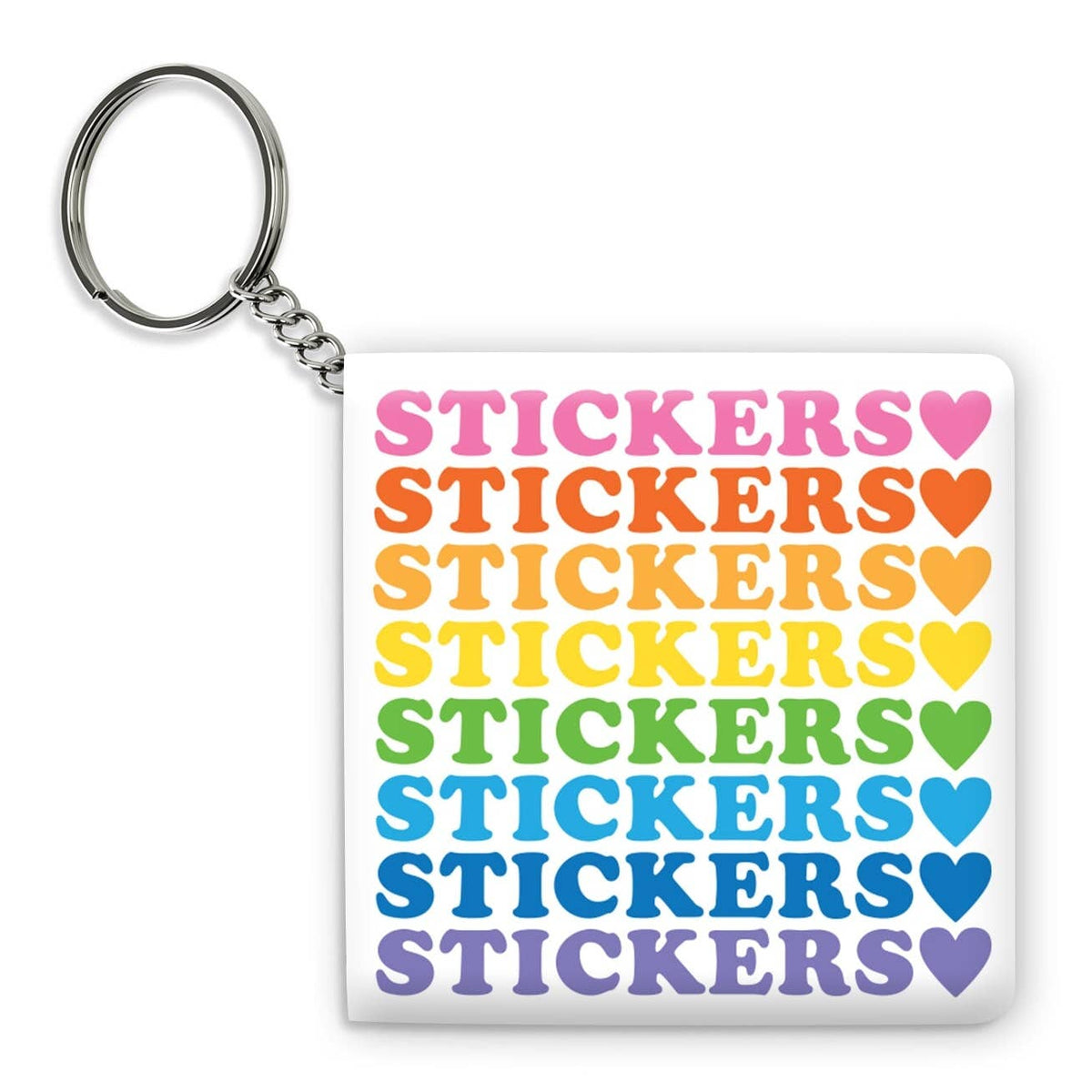 A square white keychain featuring the word 'STICKERS' repeated in a rainbow color gradient with small heart icons next to each word, attached to a silver metal key ring on a white background.