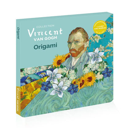 Blue packaging of the Vincent Van Gogh origami papers featuring his self portrait and a selection of origami papers with his florals