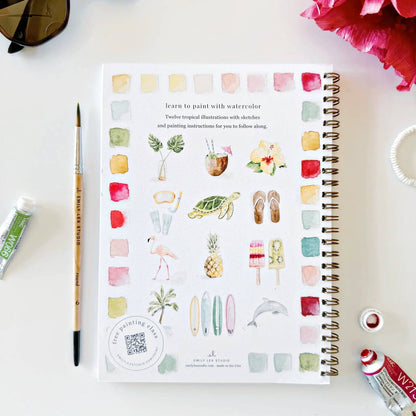 the back cover of the tropical watercolor workbork with small thumbnail images of the designs included: monstera leaf, coconut drink, lily, snorkel, sea turtle, sandals, flamingo, pineapple, popsicles, palm tree, surf boards, dolphin.