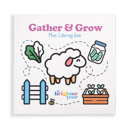 Cover of the Gather & Grow mini coloring book featuring a sheep, fence, garden, leaves, and jar of pickles
