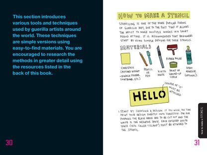 Internal page spread which reads "This section introduces various tools and techniques used by guerilla artists around the world. These techniques are simple versions using easy-to-find materials. You are encouraged to research the methods in greater detail using the resources listed in the back of this book" on one side and cartoon style illustrations of art supplies and the title "How to Make a Stencil" on the other