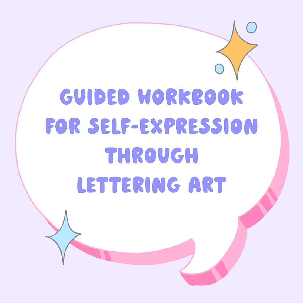 blue bubble style lettering in a white speech bubble on a lavender background with yellow star accents which reads, "guided workbook for self-expression through lettering art"