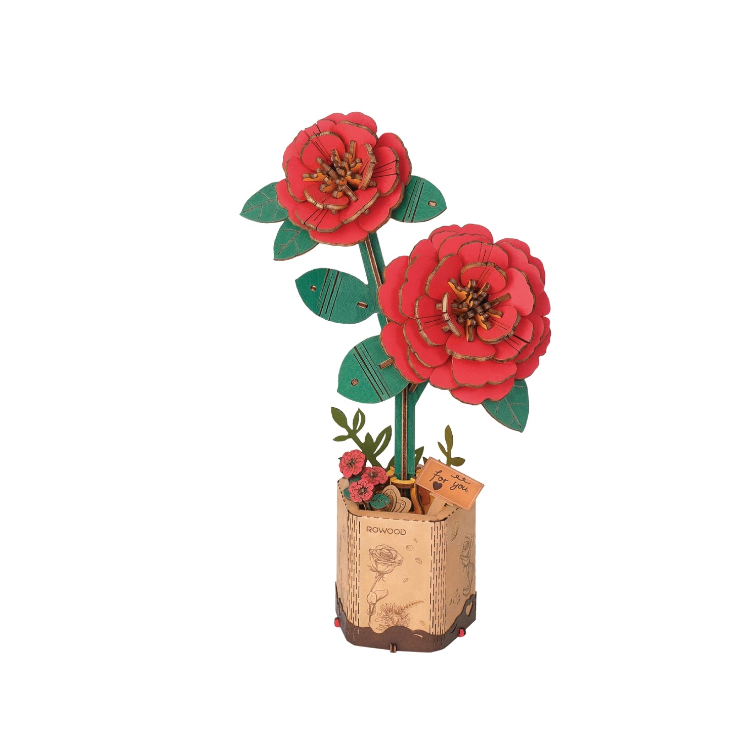 Red Camellia 3D Wooden DIY Flower Puzzle Sets - Odd Nodd Art Supply