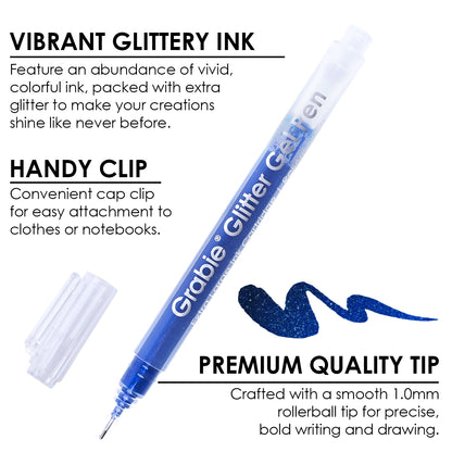Grabie Glitter Gel Pen ink in blue with text that reads, "VIBRANT GLITTERY INK - features an abundance of vivid, colorful ink, packed with extra glitter to make your creations shine like never before. HANDY CLIP - convenient cap clip for easy attachment to clothes or notebooks. PREMIUM QUALITY TIP - crafted with a smooth 1.0mm rollerball tip for precise, bold writing and drawing."