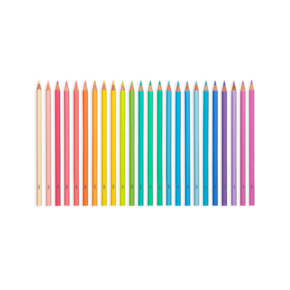 All 24 Pastel Hues colored pencils arranged in a row on a white background
