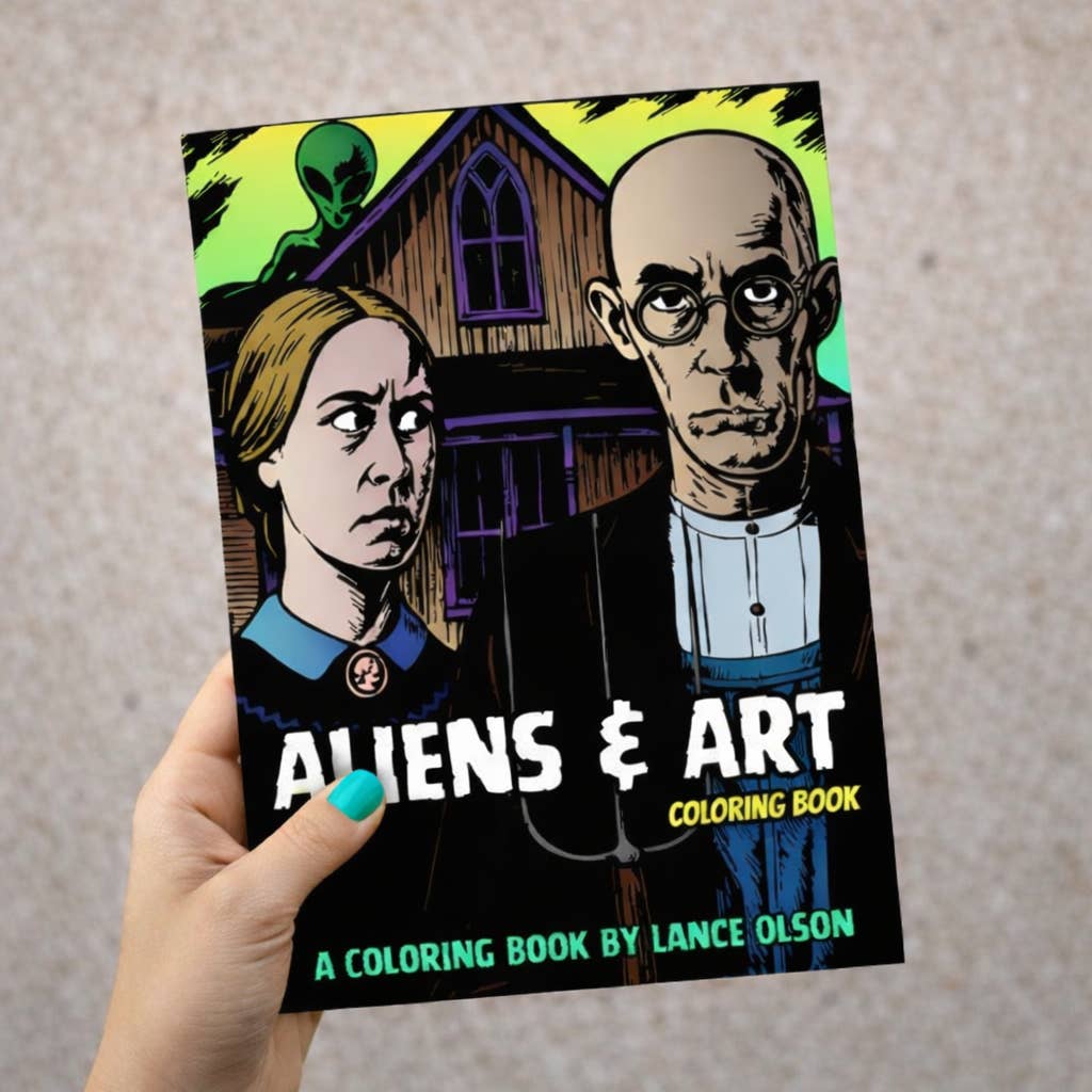 Cover of Aliens and Art coloring book featuring the characters and house from the American Gothic painting with a green alien peaking over the roof