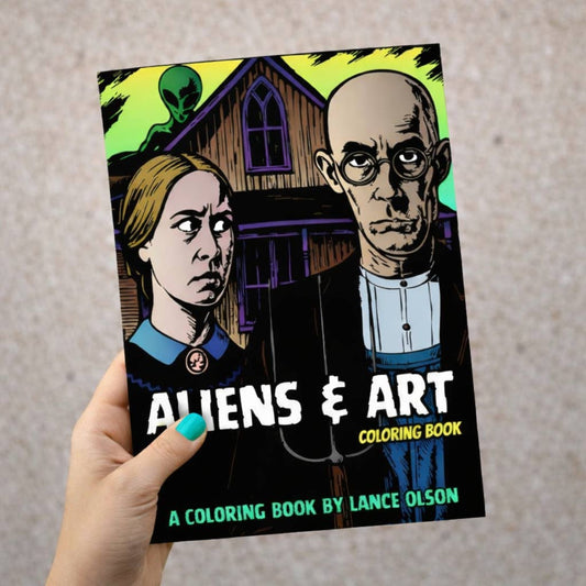 Cover of Aliens and Art coloring book featuring the characters and house from the American Gothic painting with a green alien peaking over the roof