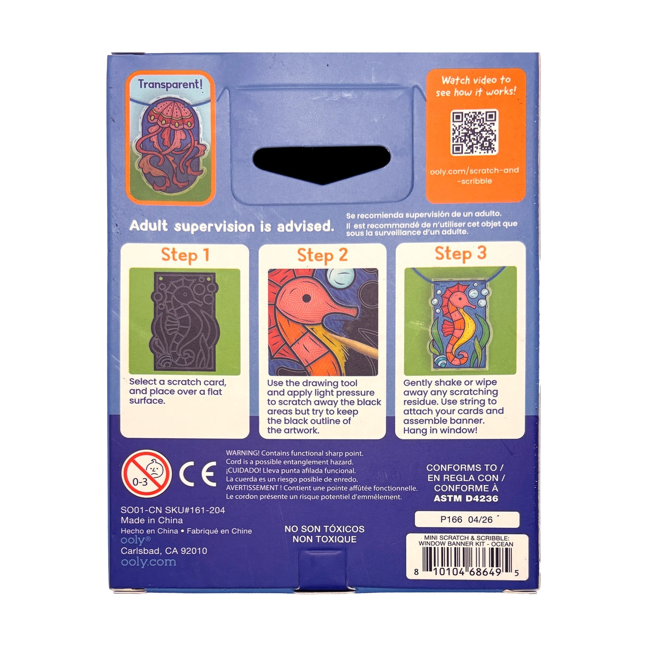 Back of the Scratch & Scribble retail package, showing three illustrated steps, product code 8156, CE and ASTM compliance marks, and an orange QR code panel on a white background
