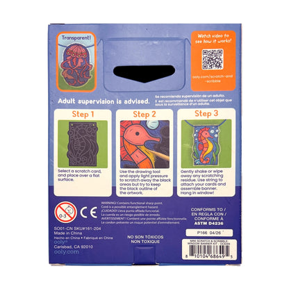 Back of the Scratch & Scribble retail package, showing three illustrated steps, product code 8156, CE and ASTM compliance marks, and an orange QR code panel on a white background