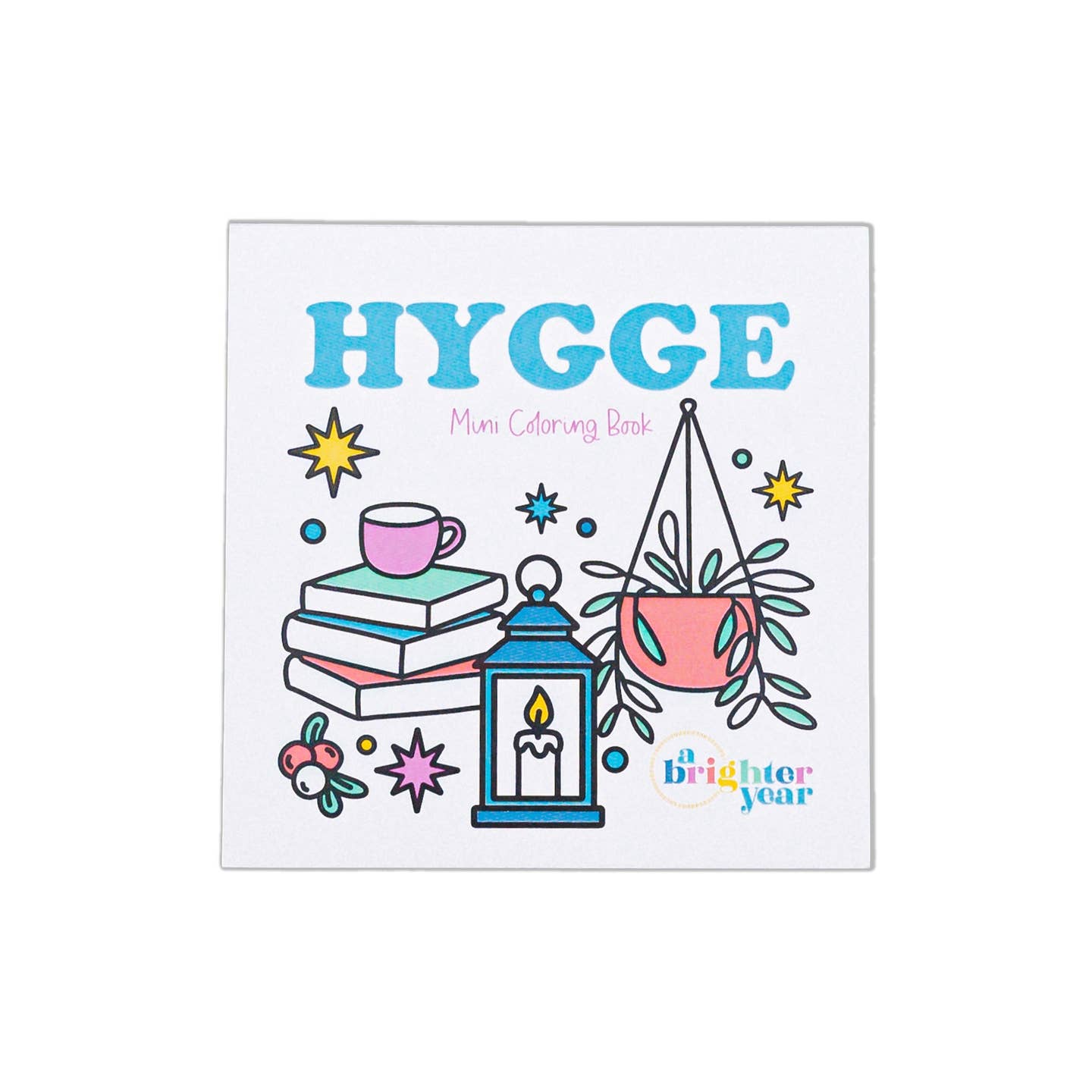 close up of the cover of the Hygge coloring book featuring a candle in lantern, a hanging plant, and a stack of books with a teacup