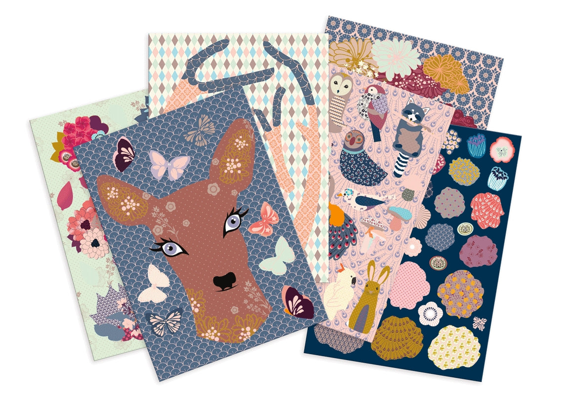 Paper card supplies to build the Flowered Doe craft kit featuring parts of the Doe, birds, butterflies, and graphic patterns in a modern muted earth tone palette