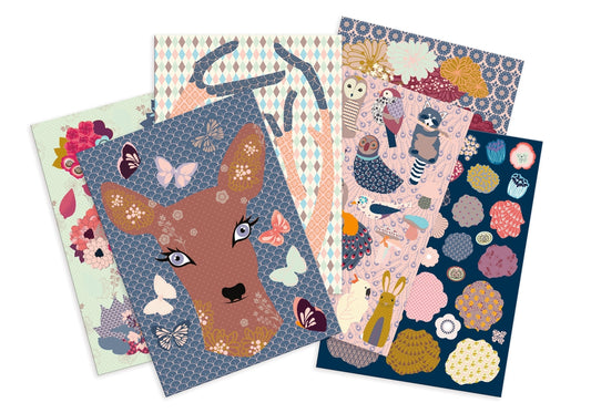 Paper card supplies to build the Flowered Doe craft kit featuring parts of the Doe, birds, butterflies, and graphic patterns in a modern muted earth tone palette