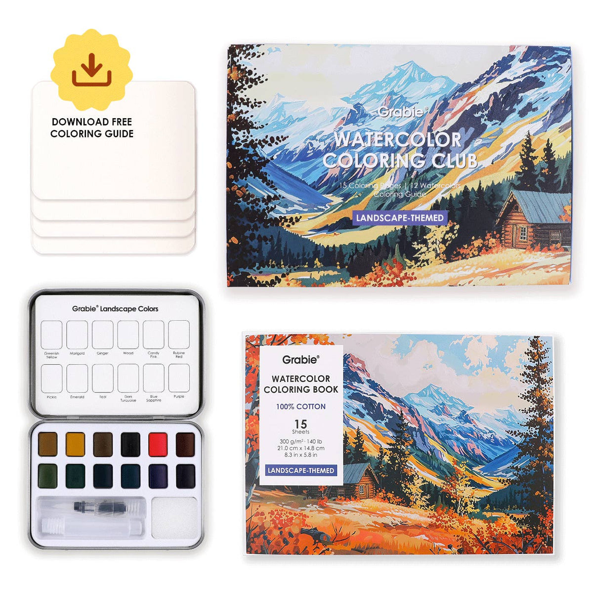 Contents of the Watercolor Coloring Club Box with text that reads, "Download Free Coloring Guide"