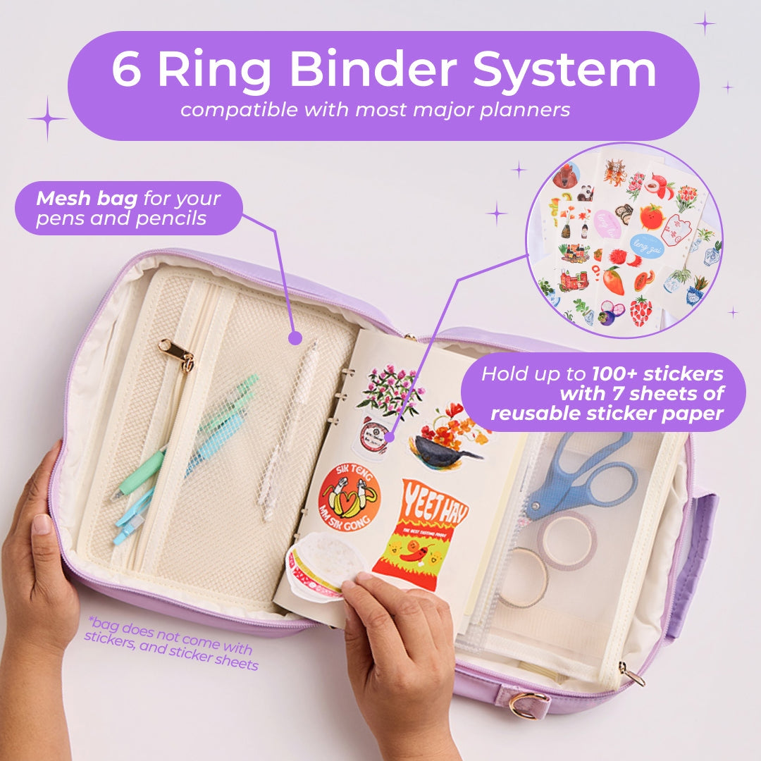 Interior photo of the Ultimate Journal Bag showing the zipper mesh pocket, and the binder system. White text on purple text bubbles reads, "6 Ring Binder System: compatible with most major planners. Mesh Bag for your pens and pencils. Hold up to 100+ stickers with 7 sheets of reusable sticker paper."