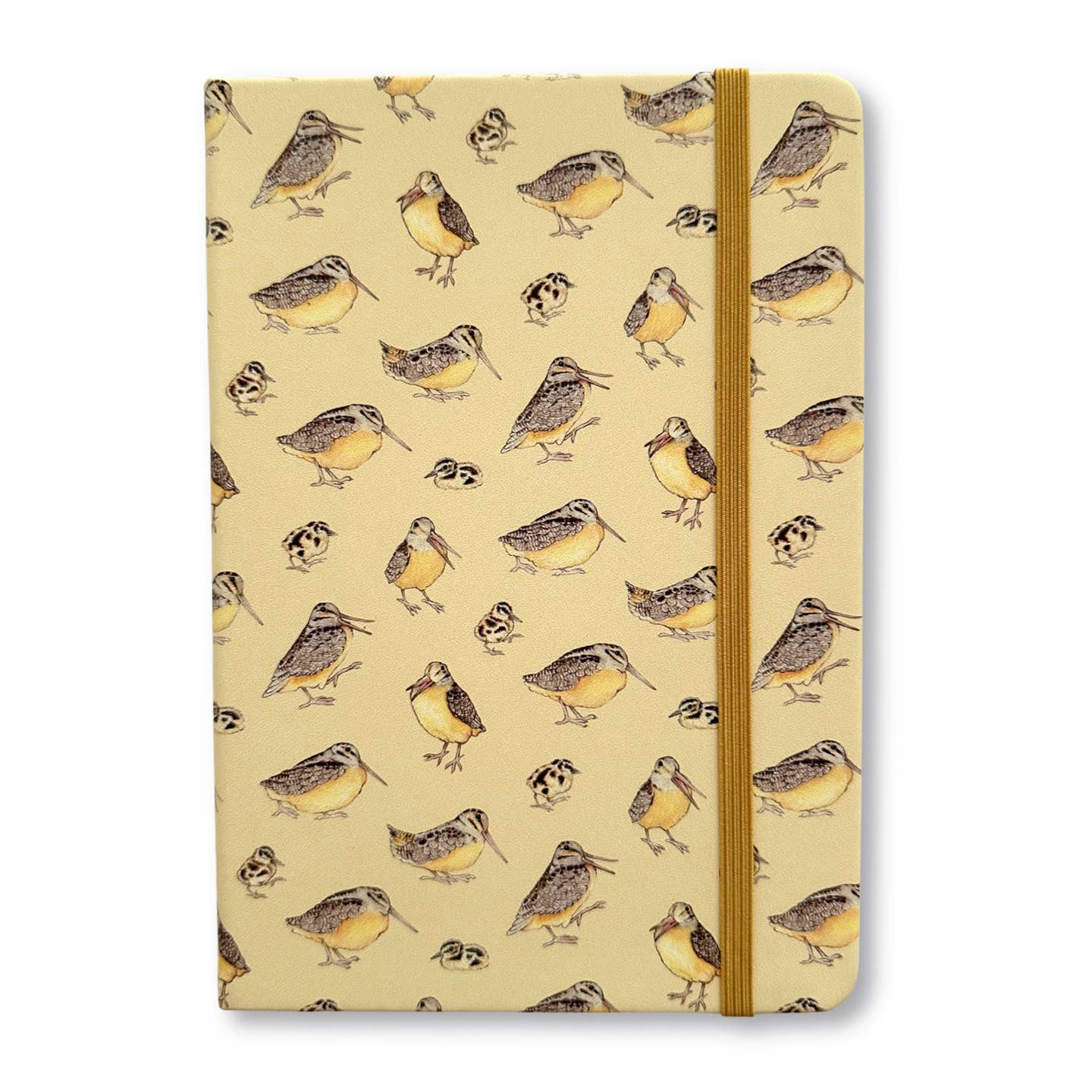 a beige notebook with a pattern of adult and juvenile woodcocks and a gold elastic strap closure on a white background