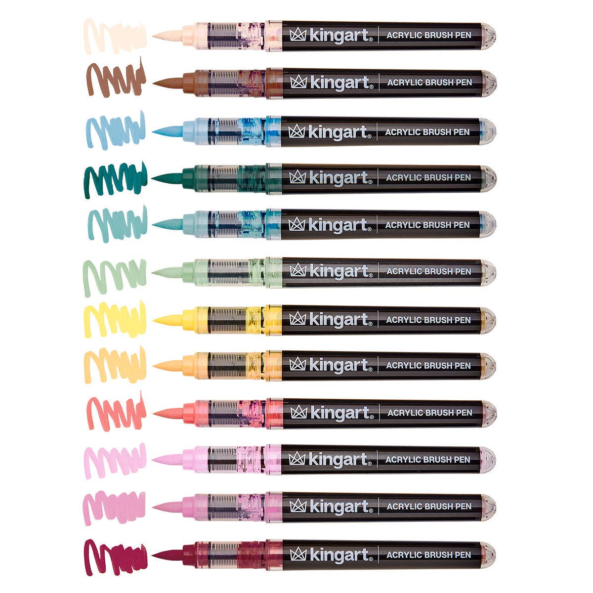 Set of 12 Kingart acrylic brush pens in Cottage Colors with sample color strokes on a white background