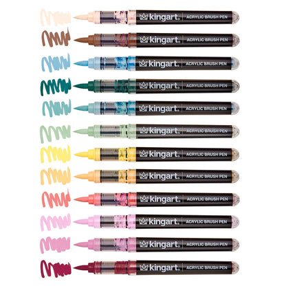 Set of 12 Kingart acrylic brush pens in Cottage Colors with sample color strokes on a white background
