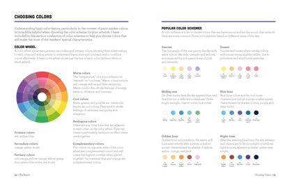 Interior page spread with color theory guide with a color wheel and color schemes on a white background