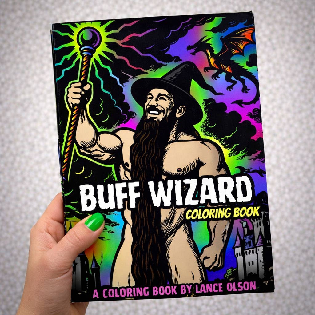 C0ver of Buff Wizard coloring book featuring a naked, highly muscled wizard, with a long beard covering his manhood, holding a staff with a rainbow dragon flying in the background