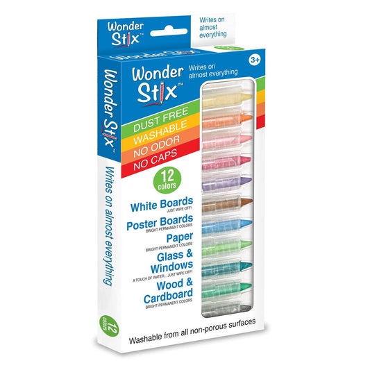 12 colors of wonderstix, yellow, orange, pink, red, purple, brown, blue, lime, teal, green, and black