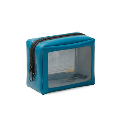 Blue cosmetic bag with clear front panel on a white background