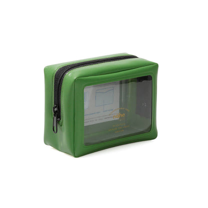 Green rectangular pouch with a clear front panel on a white background