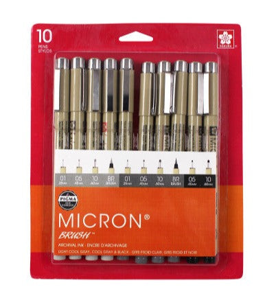 10 Gray Black Pigma Micron Pen Sets - Odd Nodd Art Supply